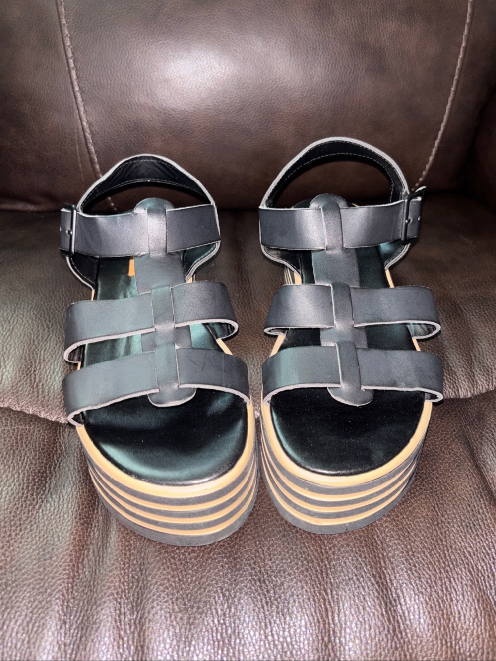 Rocket Dog Black Strappy Platform Sandals with Tan Striped Sole